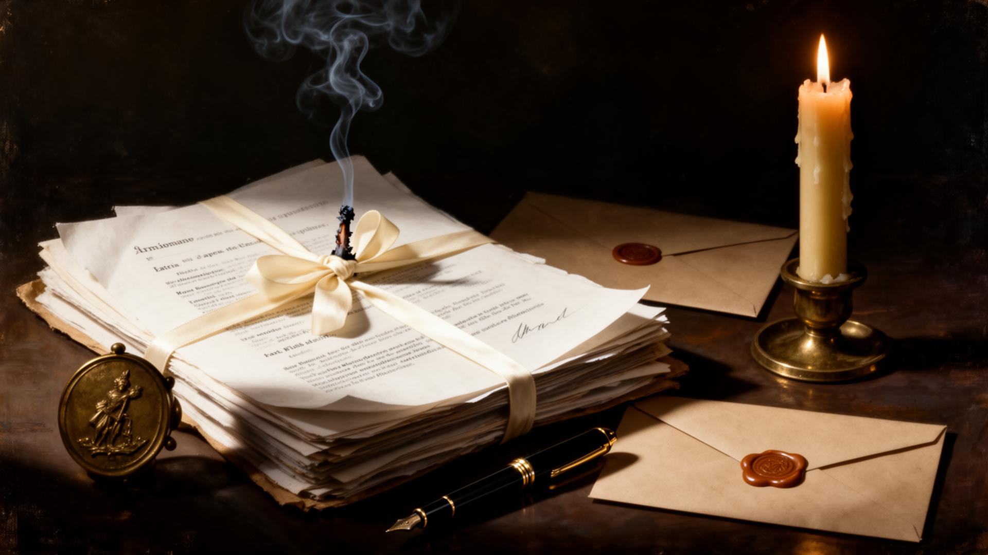 Stack of documents tied with ribbon, brass seal, pen and candle