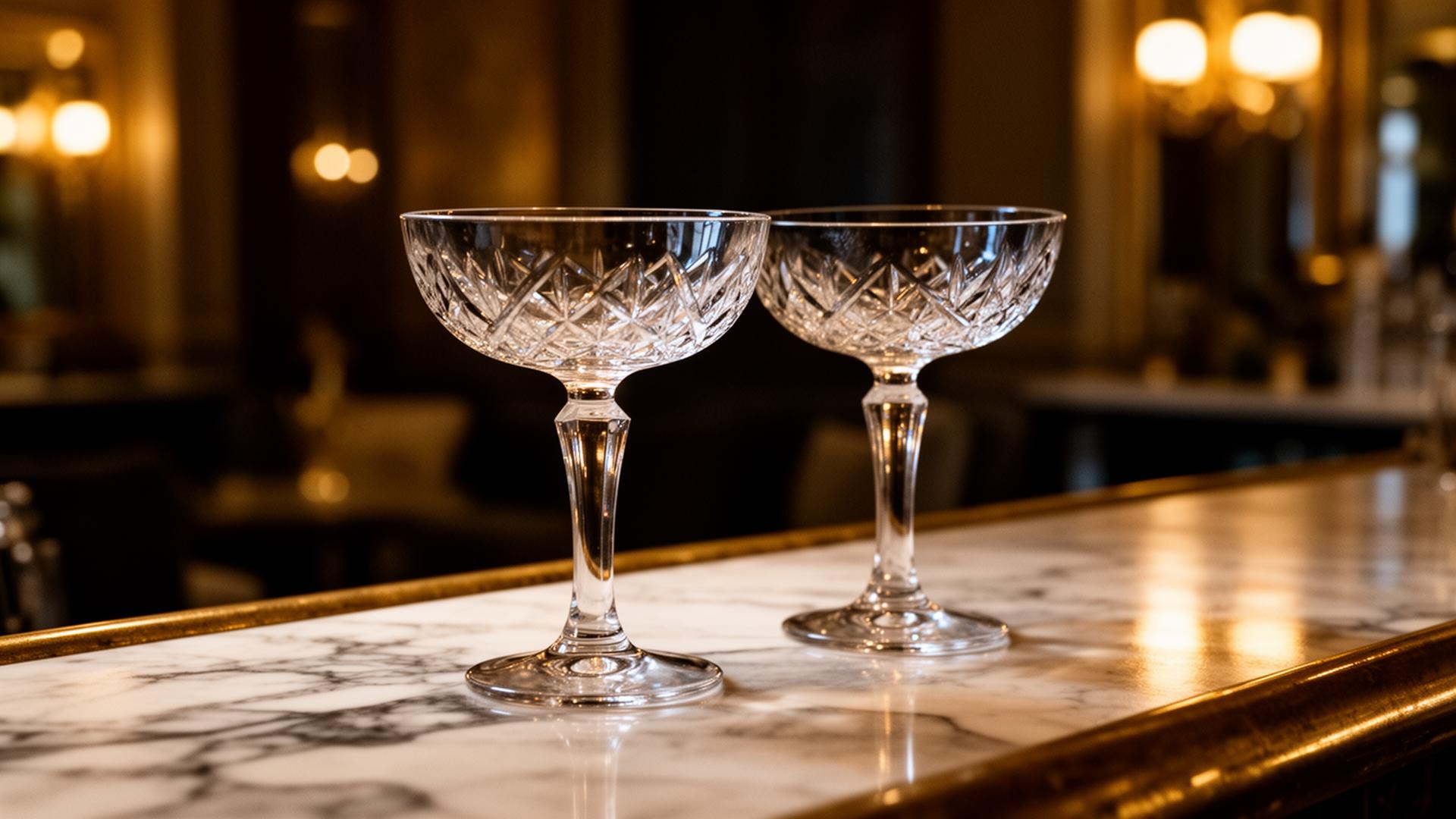 Two crystal coupe glasses on a marble bar in a warmly lit lounge