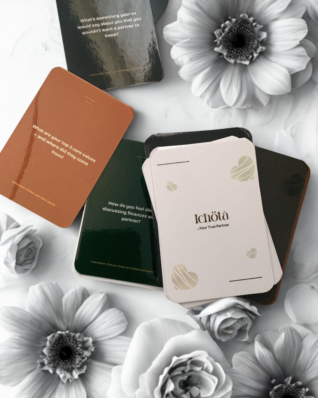 Cue cards arranged among white flowers, printed side up